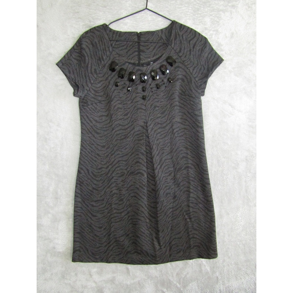 Relativity Womens Gray Zebra Print Embellished Neckline Short Sleeve Shift Dress